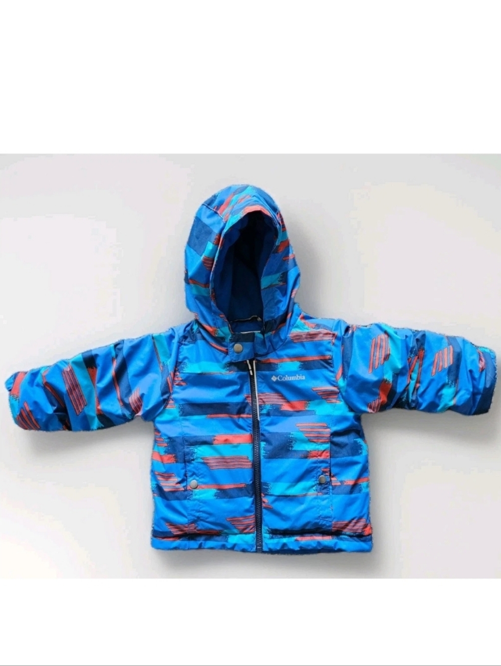 Columbia Blue Multicolor Abstract Hooded Insulated Puffer Jacket 2T Grow System